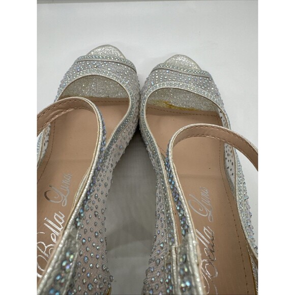 Bella Luna Silver Mesh Jeweled Heel Stiletto narrow Open Toe Shoes Size 7.5 - Picture 9 of 13